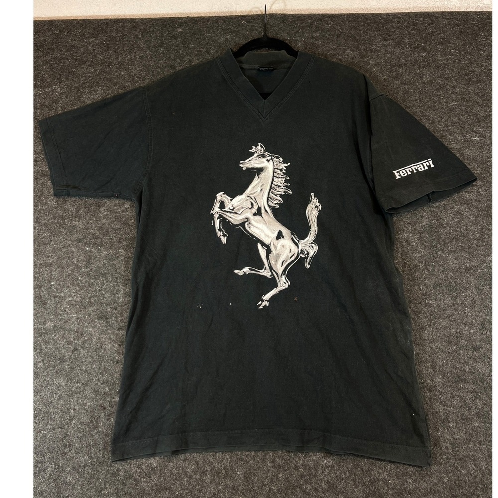 Vintage 1999 Ferrari Prancing Horse VNeck TShirt Black Men XL Racing Graphic Tee